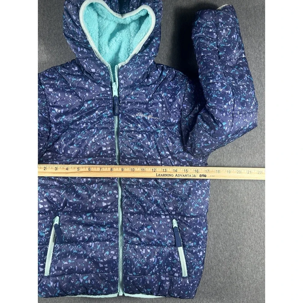 Eddie Bauer Kids Reversible Hooded Jacket Blue Pattern Teal Fleece M(10-12)